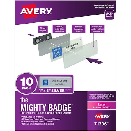 The Mighty Badge Badge Kit, Magnetic, Laser, Reusable, 1"x3", 10/PK, SR 5PK AVE71206